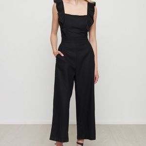 Dynamite Black Linen Cropped Romper with open back